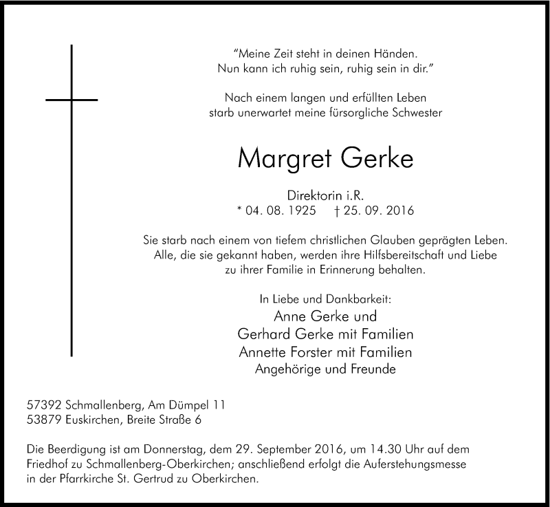  Traueranzeige für Margret Gerke vom 28.09.2016 aus Kölner Stadt-Anzeiger / Kölnische Rundschau / Express