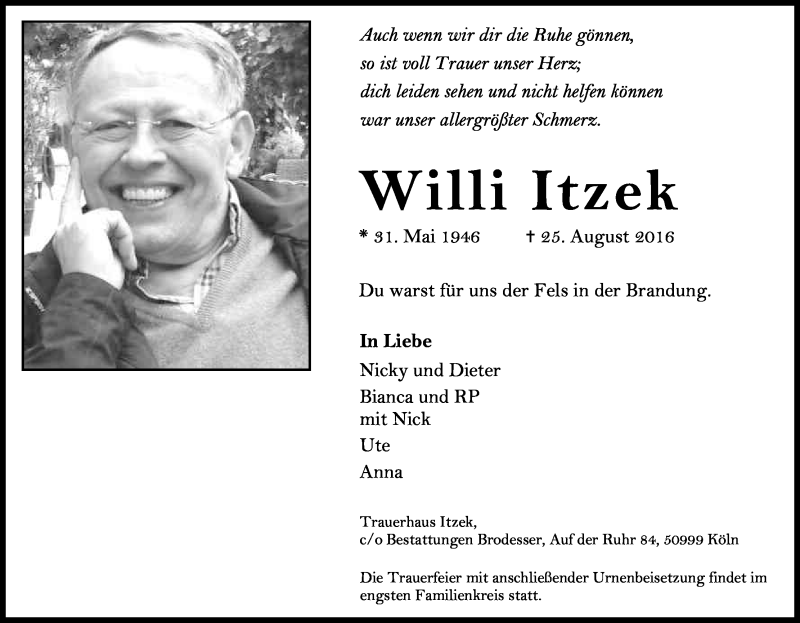  Traueranzeige für Willi Itzek vom 03.09.2016 aus Kölner Stadt-Anzeiger / Kölnische Rundschau / Express