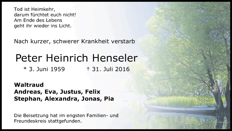  Traueranzeige für Peter Heinrich Henseler vom 03.09.2016 aus Kölner Stadt-Anzeiger / Kölnische Rundschau / Express