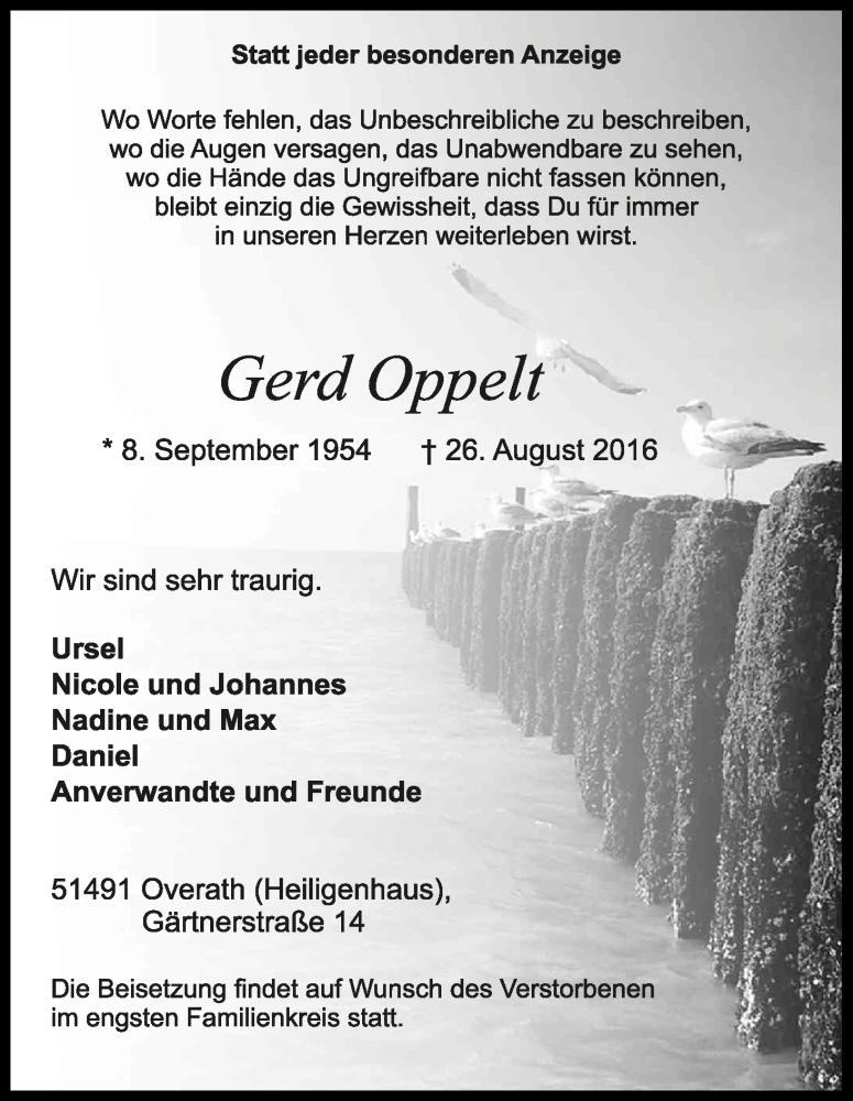  Traueranzeige für Gerd Oppelt vom 05.09.2016 aus Kölner Stadt-Anzeiger / Kölnische Rundschau / Express