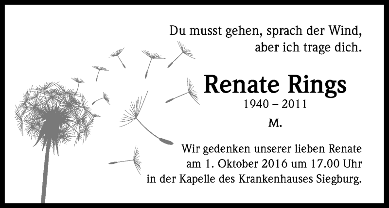  Traueranzeige für Renate Rings vom 29.09.2016 aus Kölner Stadt-Anzeiger / Kölnische Rundschau / Express