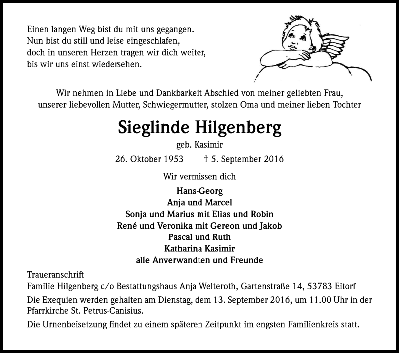  Traueranzeige für Sieglinde Hilgenberg vom 10.09.2016 aus Kölner Stadt-Anzeiger / Kölnische Rundschau / Express