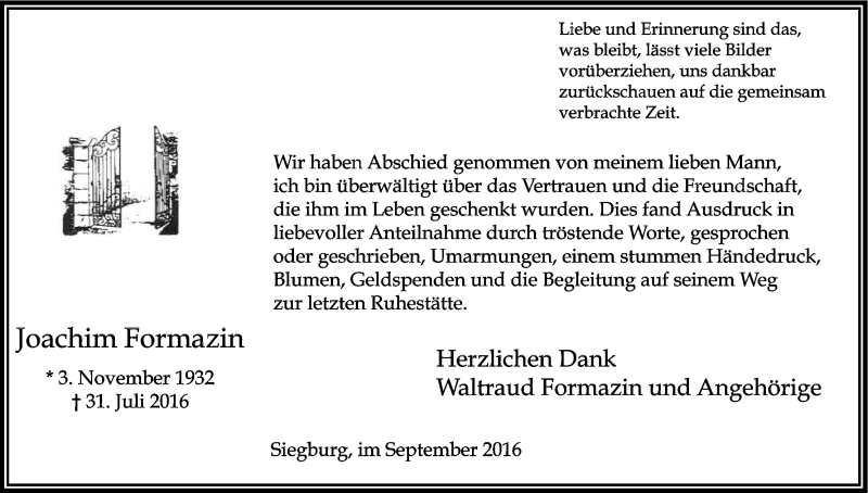  Traueranzeige für Joachim Formazin vom 03.09.2016 aus Kölner Stadt-Anzeiger / Kölnische Rundschau / Express