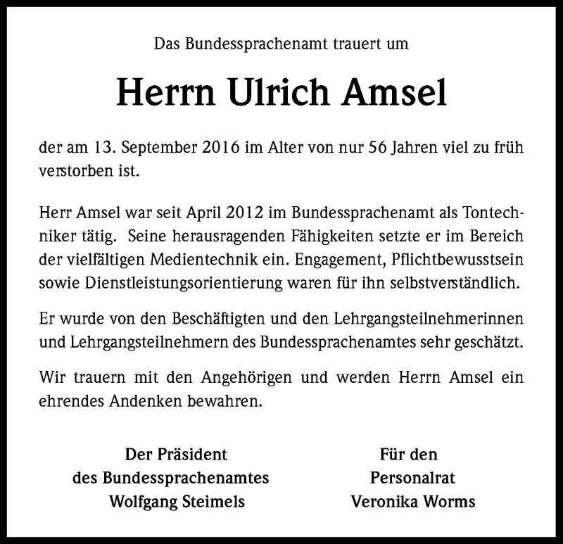  Traueranzeige für Ulrich Amsel vom 22.09.2016 aus Kölner Stadt-Anzeiger / Kölnische Rundschau / Express