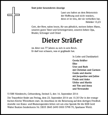 Anzeige von Dieter Sträßer von Kölner Stadt-Anzeiger / Kölnische Rundschau / Express