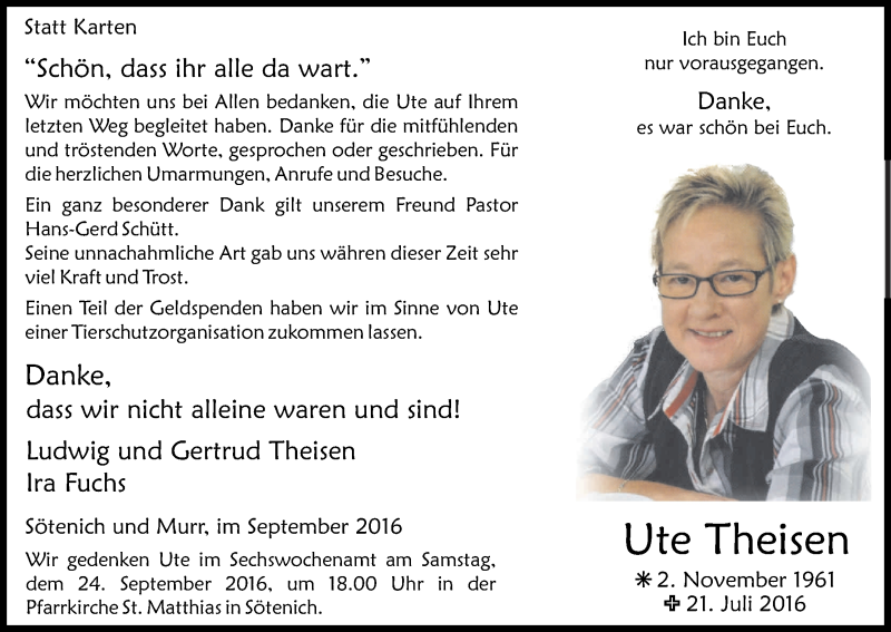  Traueranzeige für Ute Theisen vom 14.09.2016 aus Kölner Stadt-Anzeiger / Kölnische Rundschau / Express