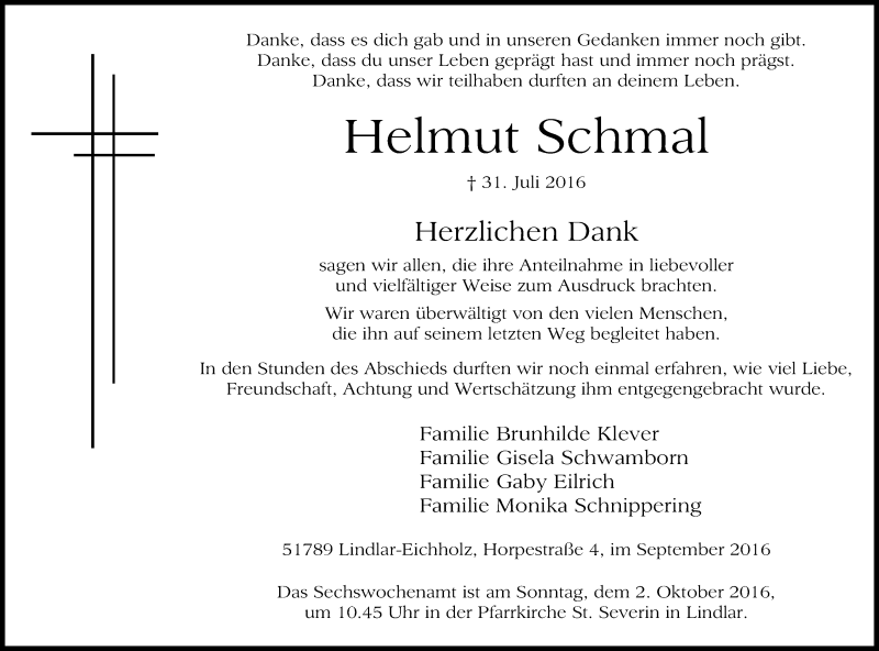  Traueranzeige für Helmut Schmal vom 24.09.2016 aus Kölner Stadt-Anzeiger / Kölnische Rundschau / Express
