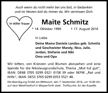 Anzeige von Maite Schmitz von Kölner Stadt-Anzeiger / Kölnische Rundschau / Express