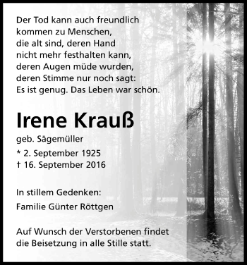 Anzeige von Irene Krauß von Kölner Stadt-Anzeiger / Kölnische Rundschau / Express