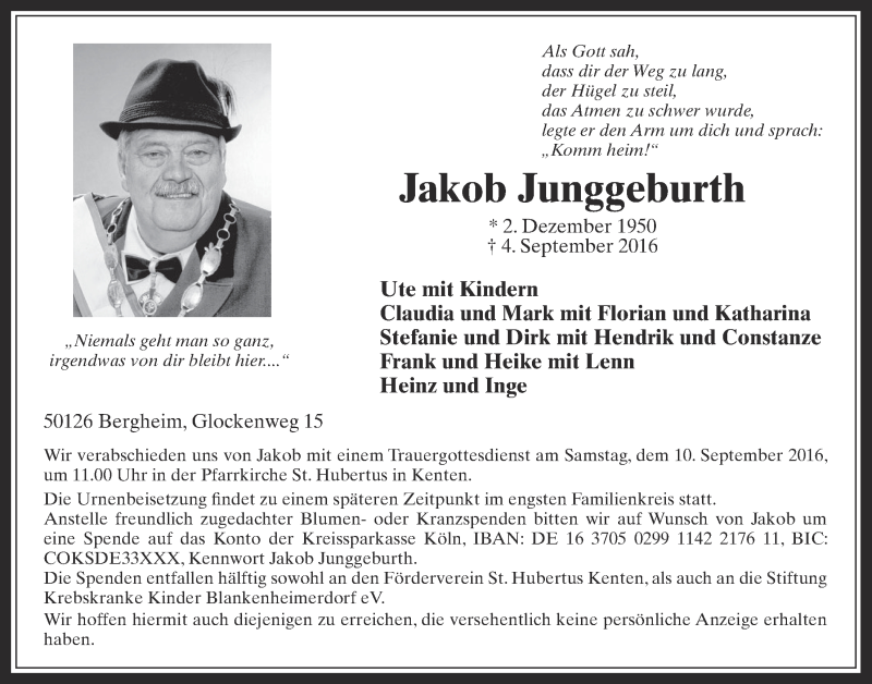  Traueranzeige für Jakob Junggeburth vom 07.09.2016 aus  Werbepost 