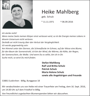 Anzeige von Heike Mahlberg von  Blickpunkt Euskirchen 