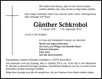 Anzeige von Günther Schkrobol von Kölner Stadt-Anzeiger / Kölnische Rundschau / Express