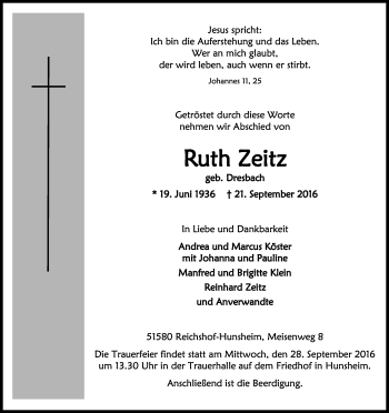 Anzeige von Ruth Zeitz von Kölner Stadt-Anzeiger / Kölnische Rundschau / Express