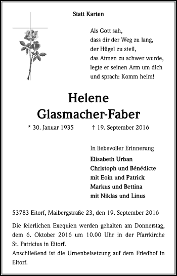 Anzeige von Helene Glasmacher-Faber von Kölner Stadt-Anzeiger / Kölnische Rundschau / Express