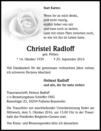 Anzeige von Christel Radloff von Kölner Stadt-Anzeiger / Kölnische Rundschau / Express