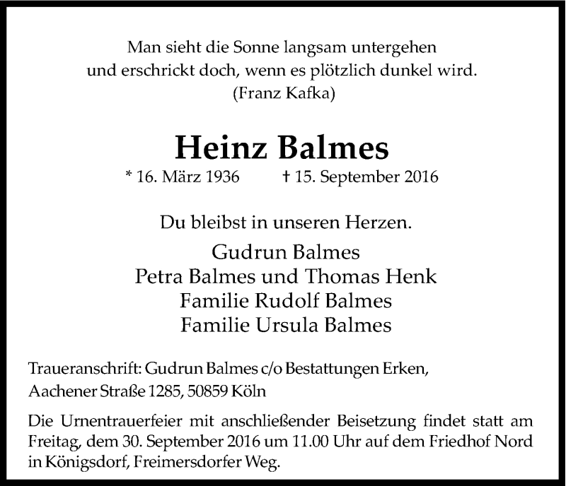  Traueranzeige für Heinz Balmes vom 24.09.2016 aus Kölner Stadt-Anzeiger / Kölnische Rundschau / Express