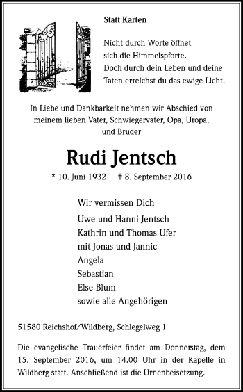 Anzeige von Rudi Jentsch von Kölner Stadt-Anzeiger / Kölnische Rundschau / Express