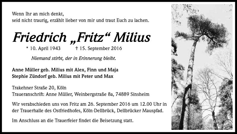  Traueranzeige für Friedrich Milius vom 24.09.2016 aus Kölner Stadt-Anzeiger / Kölnische Rundschau / Express