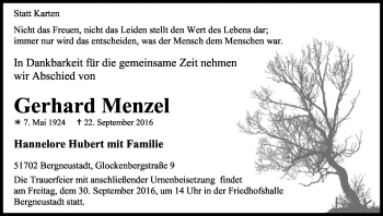 Anzeige von Gerhard Menzel von Kölner Stadt-Anzeiger / Kölnische Rundschau / Express