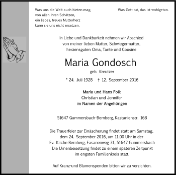Anzeige von Maria Gondosch von Kölner Stadt-Anzeiger / Kölnische Rundschau / Express