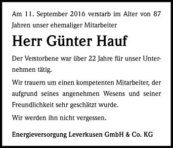 Anzeige von Günter Hauf von Kölner Stadt-Anzeiger / Kölnische Rundschau / Express