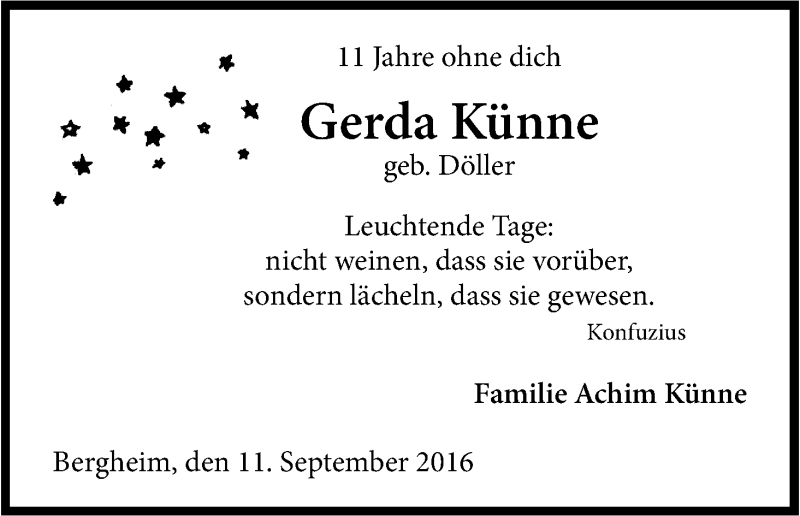  Traueranzeige für Gerda Künne vom 10.09.2016 aus Kölner Stadt-Anzeiger / Kölnische Rundschau / Express