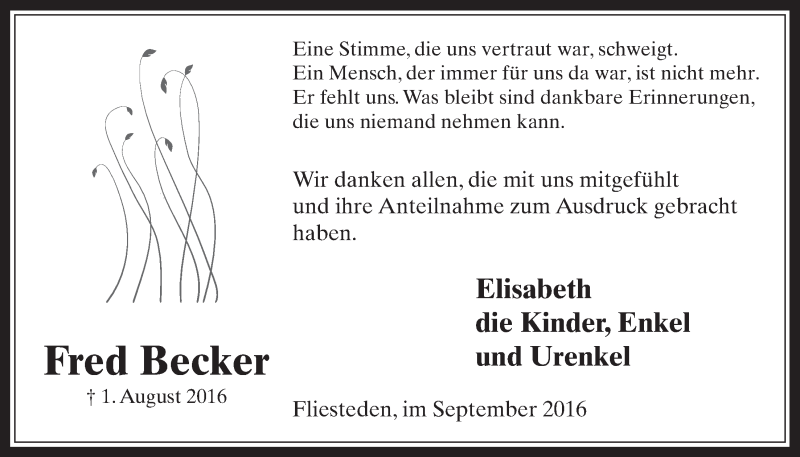  Traueranzeige für Fred Becker vom 14.09.2016 aus  Werbepost 