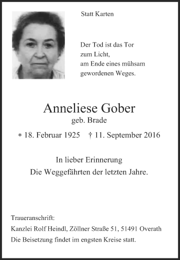 Anzeige von Anneliese Gober von Kölner Stadt-Anzeiger / Kölnische Rundschau / Express