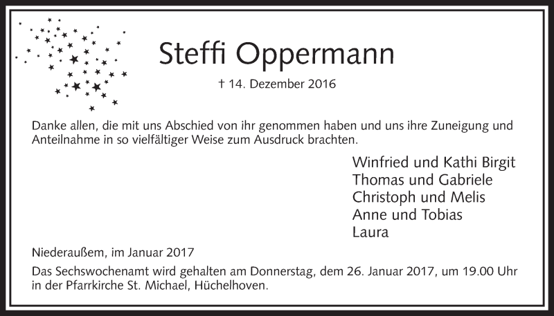  Traueranzeige für Steffi Oppermann vom 21.01.2017 aus  Sonntags-Post 