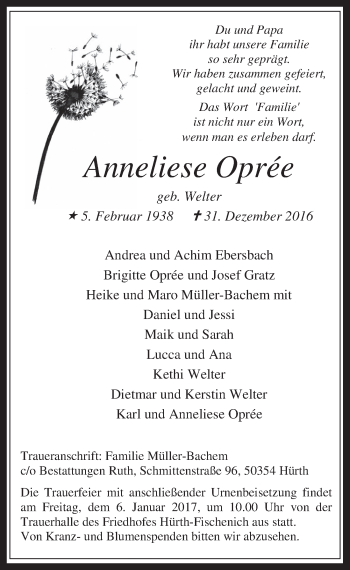 Anzeige von Anneliese Oprée von  Wochenende 