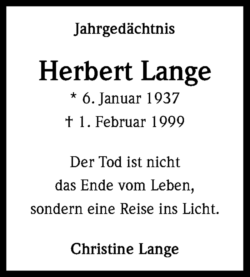  Traueranzeige für Herbert Lange vom 01.02.2017 aus Kölner Stadt-Anzeiger / Kölnische Rundschau / Express