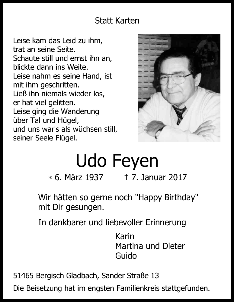  Traueranzeige für Udo Feyen vom 18.01.2017 aus Kölner Stadt-Anzeiger / Kölnische Rundschau / Express
