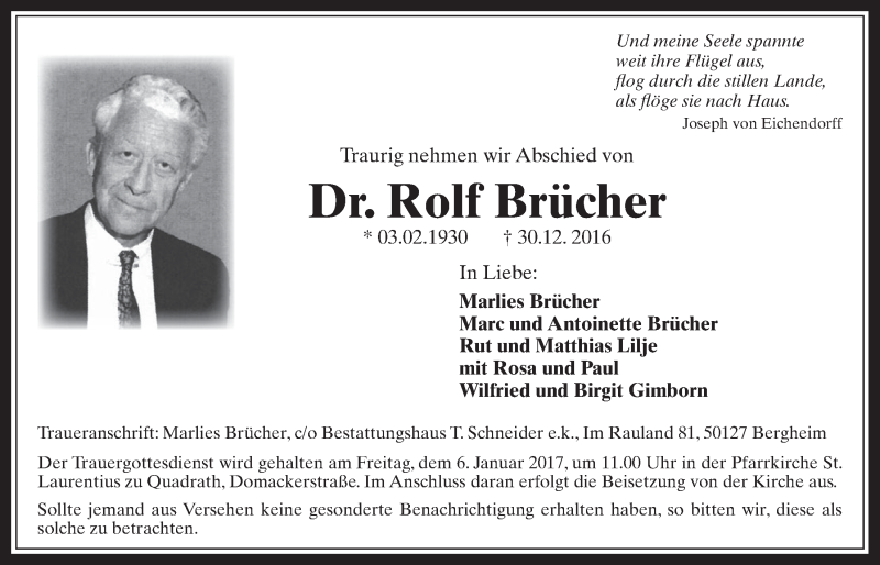  Traueranzeige für Rolf Brücher vom 04.01.2017 aus  Werbepost 
