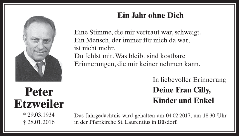  Traueranzeige für Peter Etzweiler vom 01.02.2017 aus  Werbepost 