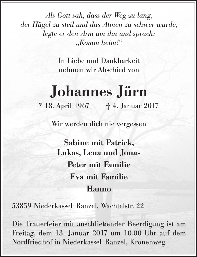  Traueranzeige für Johannes Jürn vom 11.01.2017 aus  Extra Blatt 