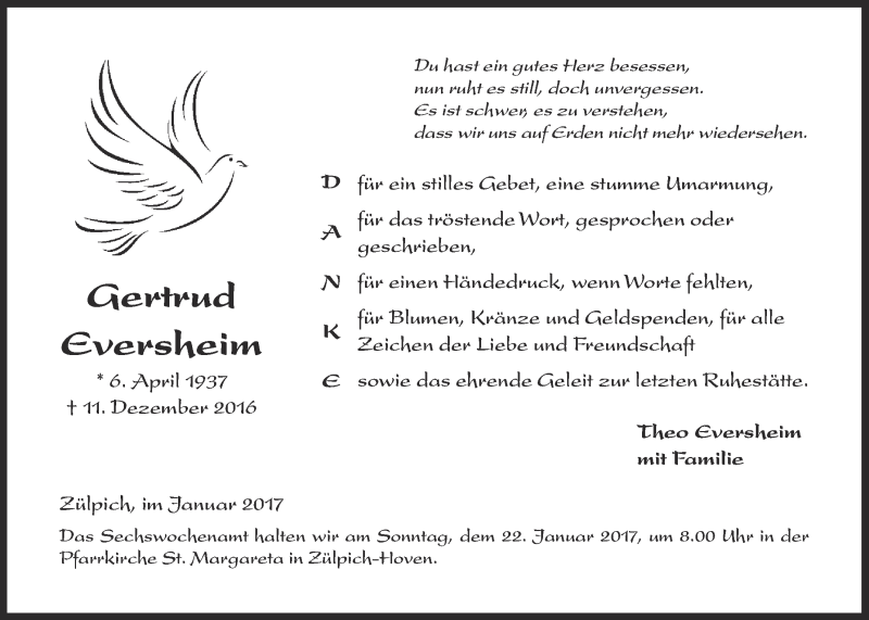  Traueranzeige für Gertrud Eversheim vom 14.01.2017 aus  Blickpunkt Euskirchen 