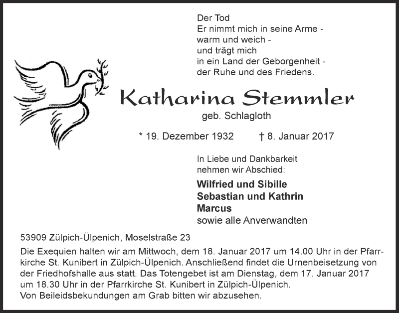  Traueranzeige für Katharina Stemmler vom 14.01.2017 aus  Blickpunkt Euskirchen 