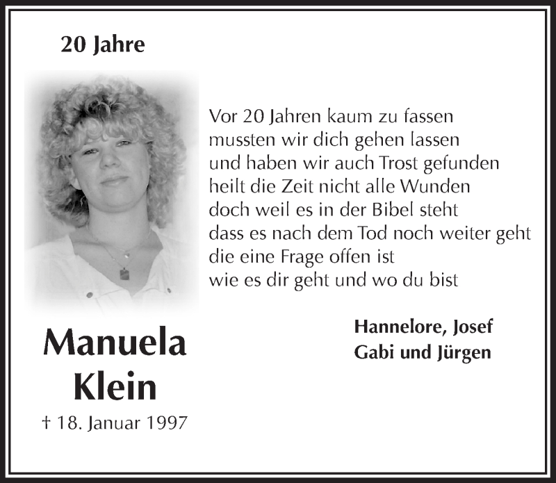  Traueranzeige für Manuela Klein vom 18.01.2017 aus  Bergisches Handelsblatt 