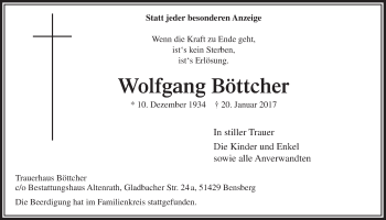 Anzeige von Wolfgang Böttcher von  Bergisches Handelsblatt 