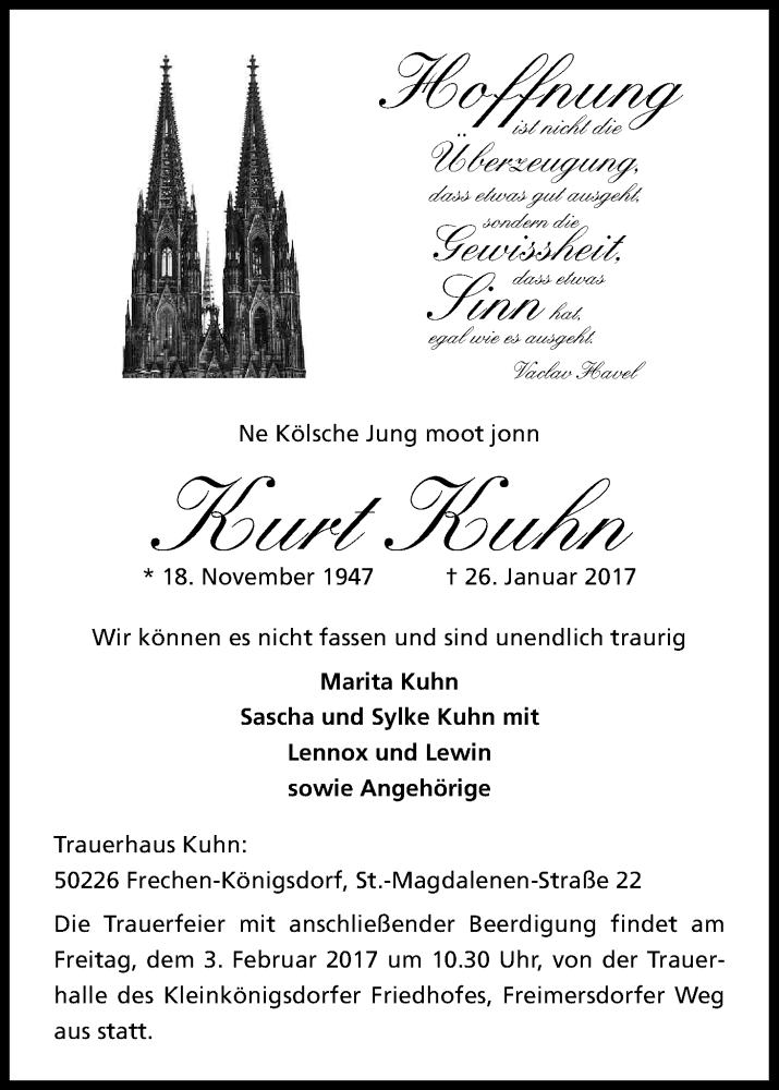  Traueranzeige für Kurt Kuhn vom 01.02.2017 aus Kölner Stadt-Anzeiger / Kölnische Rundschau / Express