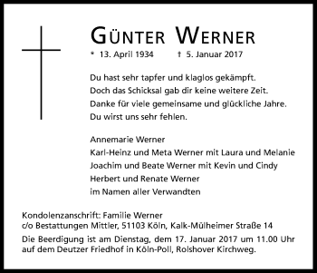 Anzeige von Günter Werner von Kölner Stadt-Anzeiger / Kölnische Rundschau / Express