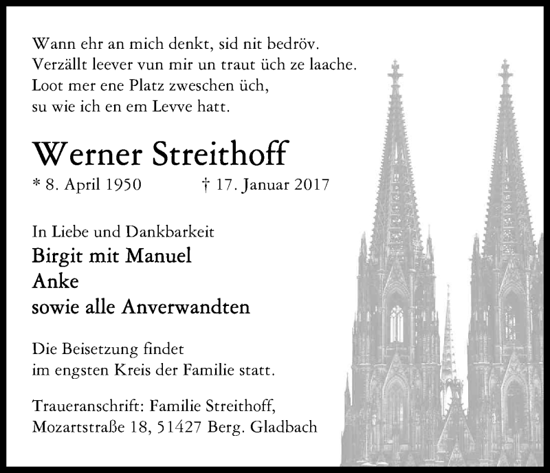  Traueranzeige für Werner Streithoff vom 27.01.2017 aus Kölner Stadt-Anzeiger / Kölnische Rundschau / Express