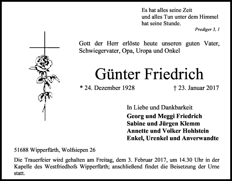  Traueranzeige für Günter Friedrich vom 28.01.2017 aus Kölner Stadt-Anzeiger / Kölnische Rundschau / Express
