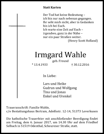 Anzeige von Irmgard Wahle von Kölner Stadt-Anzeiger / Kölnische Rundschau / Express