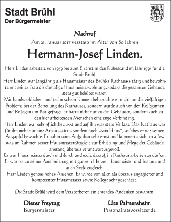 Anzeige von Hermann-Josef Linden von  Schlossbote/Werbekurier 