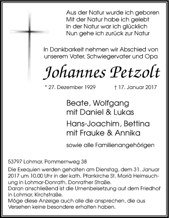 Anzeige von Johannes Petzold von Kölner Stadt-Anzeiger / Kölnische Rundschau / Express