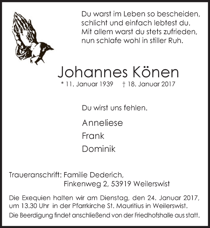  Traueranzeige für Johannes Könen vom 21.01.2017 aus  Blickpunkt Euskirchen 