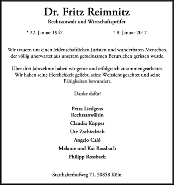 Anzeige von Fritz Reimnitz von Kölner Stadt-Anzeiger / Kölnische Rundschau / Express