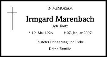 Anzeige von Irmgard Marenbach von Kölner Stadt-Anzeiger / Kölnische Rundschau / Express