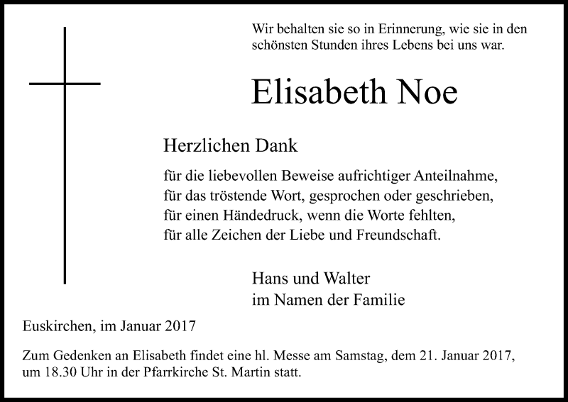  Traueranzeige für Elisabeth Noe vom 13.01.2017 aus Kölner Stadt-Anzeiger / Kölnische Rundschau / Express